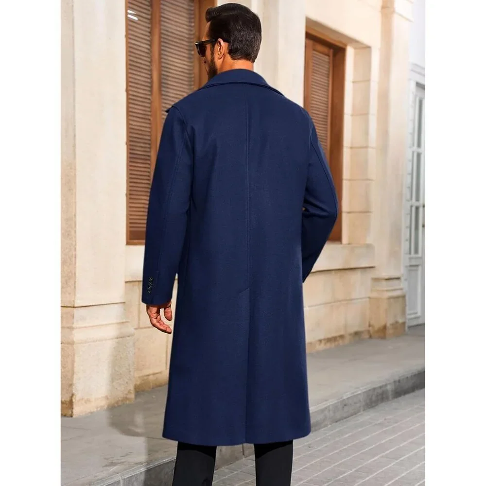 Men's Navy Blue Long Trench Coat Single Breasted Casual Winter Warm Pea Coat